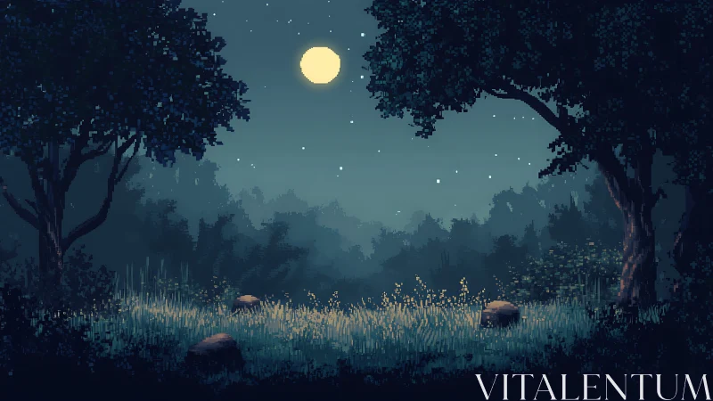 Nocturnal Forest Clearing Under Lunar Illumination with Pixel-Rendered Foliage