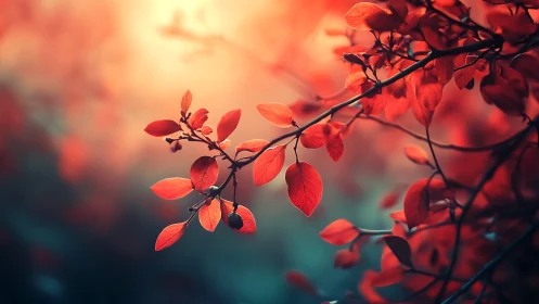 Red foliage branch in soft backlit environment at dusk.