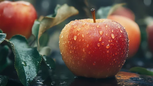 Dewy red apple macro on reflective orchard surface.