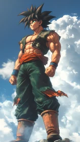 Heroic anime warrior rendered in dynamic low-angle composition