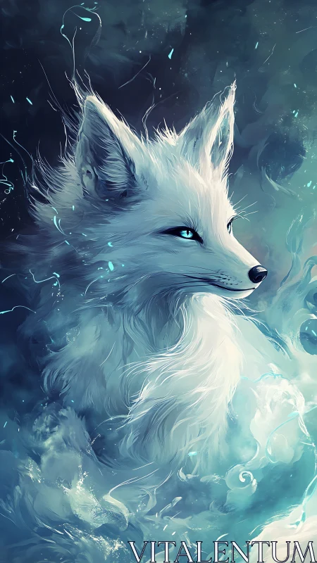 Ethereal white fox spirit emerges in swirling blue mist.