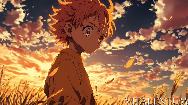 Sunlit anime boy stands in golden wheat beneath burning sky