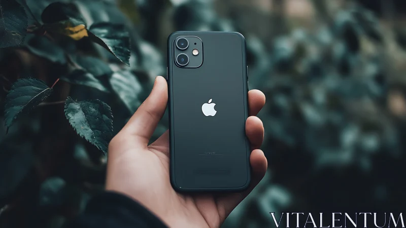 Dark iPhone 11 smartphone held in hand against blurred botanical background
