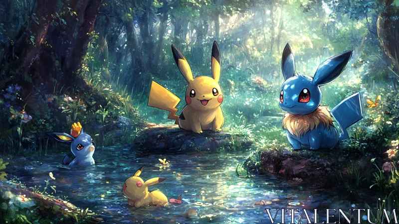 Sparkling forest pond picnic with playful electric critters.