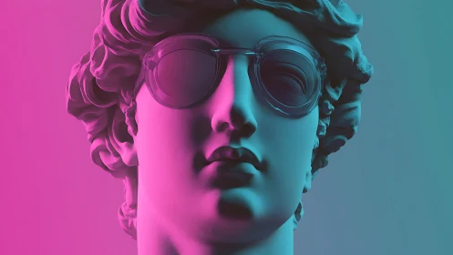 Classical marble bust with sunglasses in neon lighting.