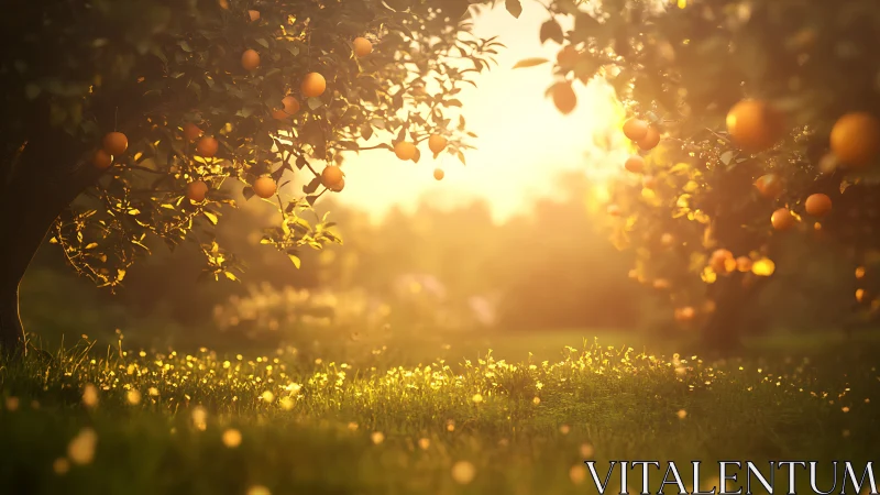 Glowing orange grove basks in gentle golden evening light