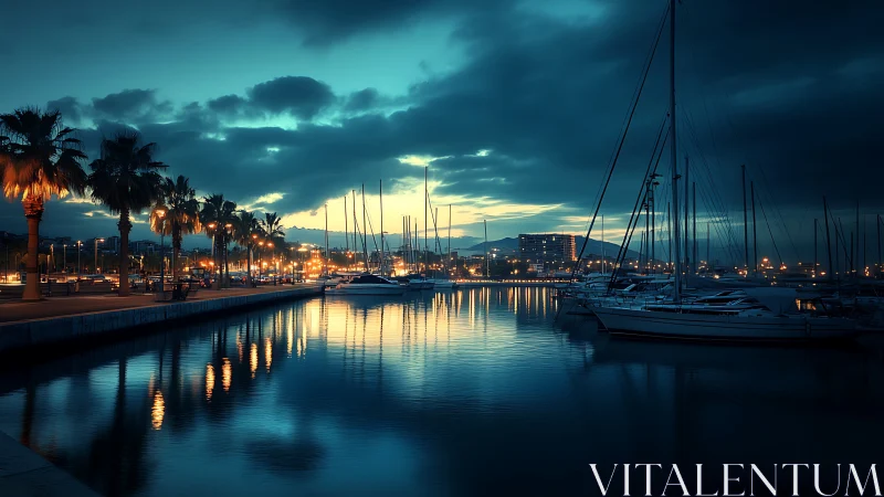 Harbor marina at dusk with moored yachts and palm lights.
