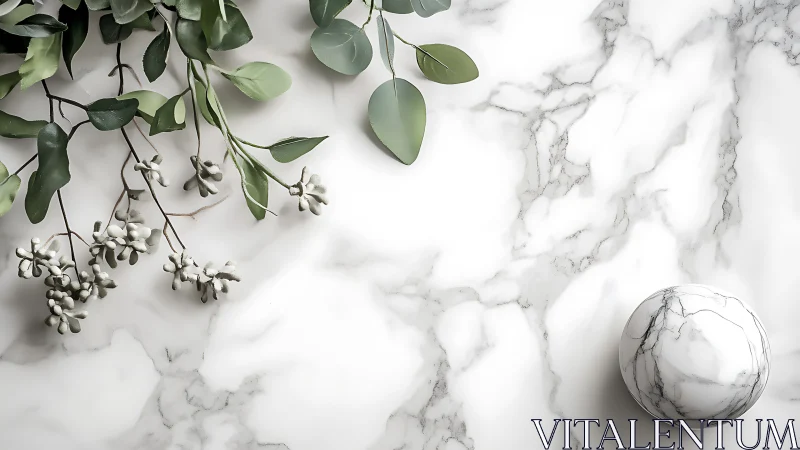 Marble sphere and foliage on bright veined countertop.