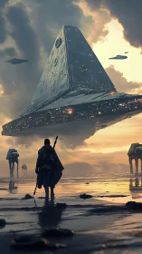 Solitary wanderer greets colossal pyramid star destroyer