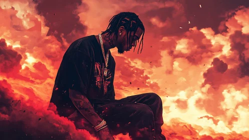 Storm-lit reflection amid glowing red and ember clouds.