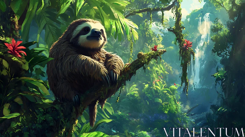 Digital sloth artwork in lush rainforest waterfall scene.