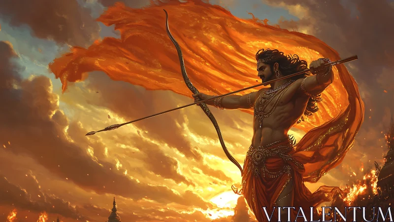 Warrior archer draws blazing bow against a fiery sunset sky.