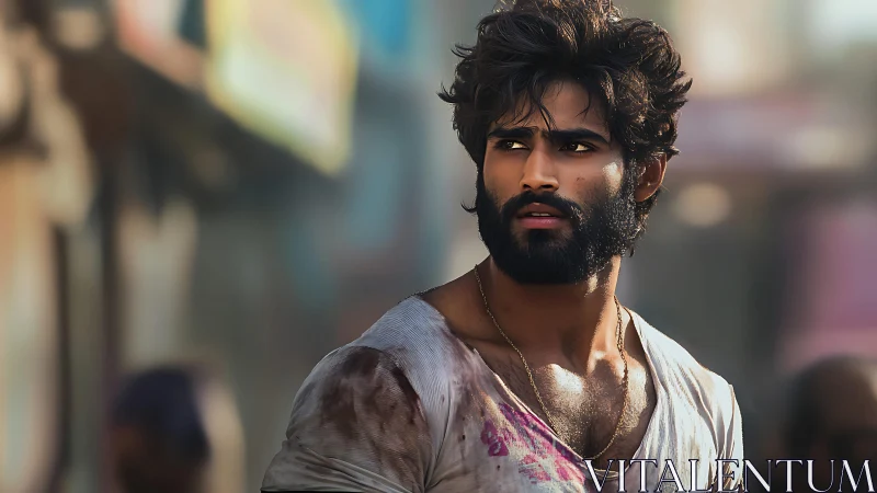 Bearded man in worn T-shirt on urban street, close-up view.
