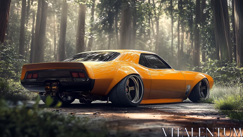 Low, wide custom yellow muscle car parked on forest road
