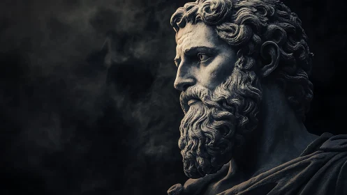 Dramatic stone bust of bearded classical male figure.