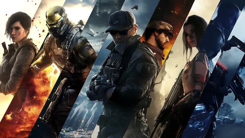 Team of futuristic soldiers in intense action montage.