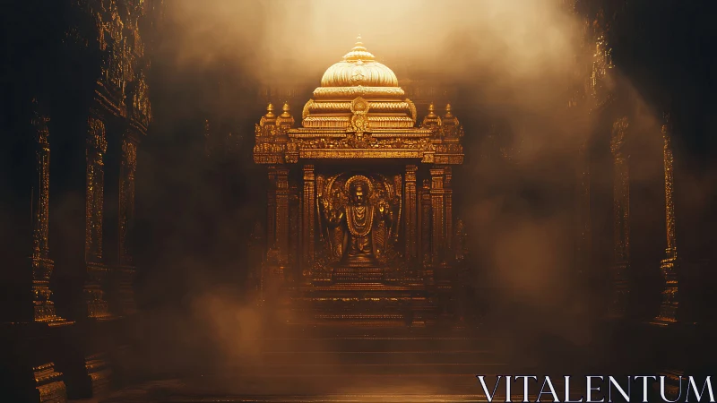 Gilded Dravidian shrine with central deity in volumetric light
