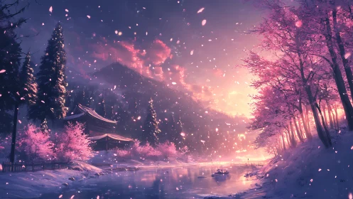 Cherry blossom river temple glows in a dreamy winter sunset