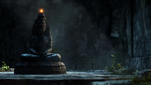 Stone Buddha shrine with single flame in misty ruin court.