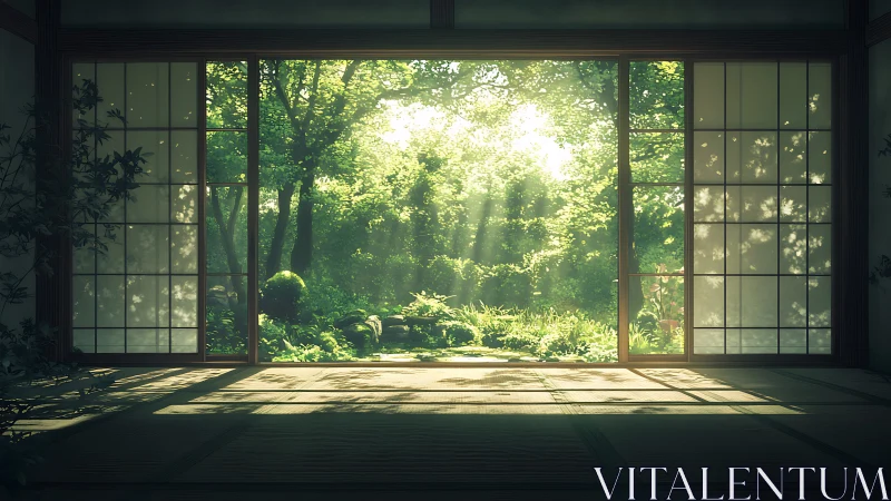 Traditional tatami room opening to sunlit forest garden.