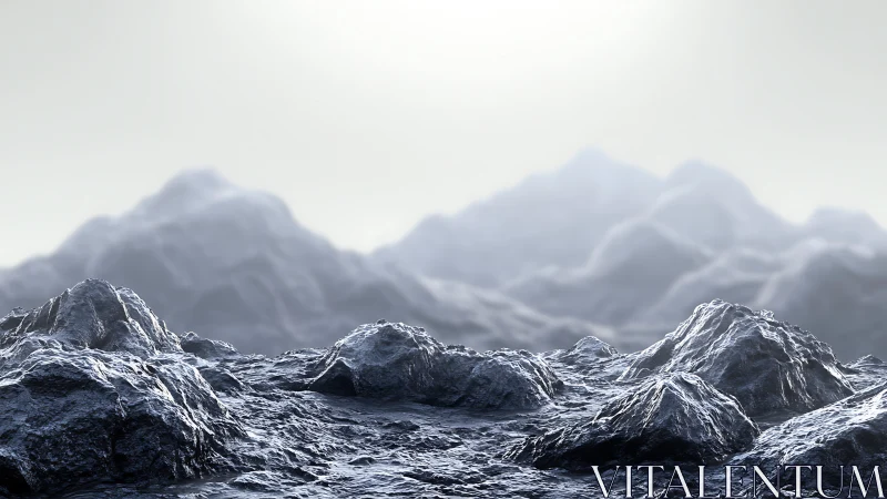 Icy alien mountain range under diffuse white sky glow.