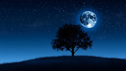 Solitary tree crowns moonlit hill under dense starfield