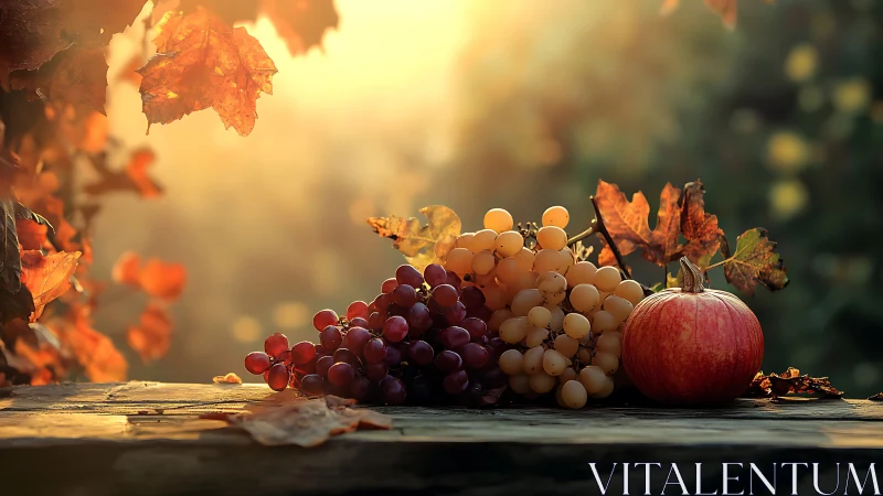 Autumnal fruit arrangement on wooden surface at sunset.