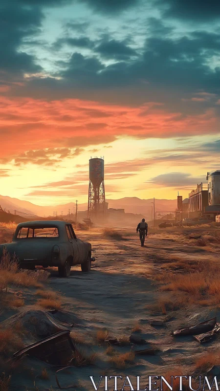 Lone wanderer crossing abandoned highway at sunset.