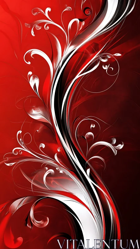 Crimson abstract floral ribbons with swirling white accents.