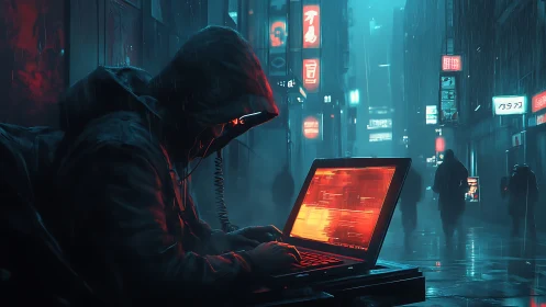 Hooded cybernetic operator executing neon-lit network breach.