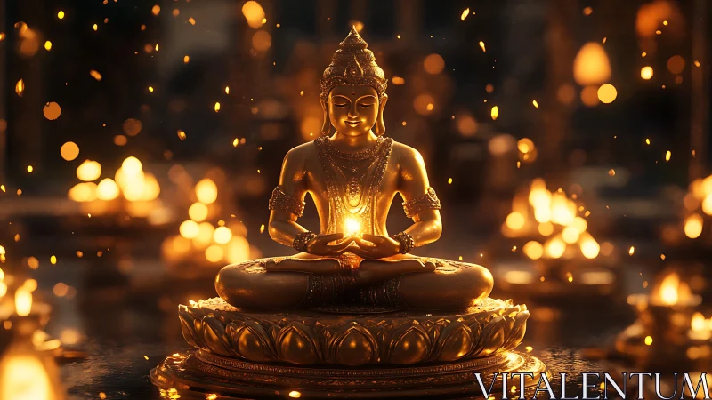 Golden Buddha statue radiates warm inner light amid embers