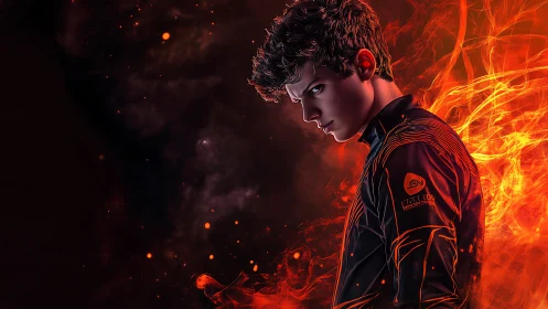 Young man in dark jacket framed by stylized digital flames