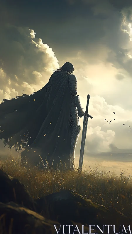 Solitary armored knight stands in field holding a sword