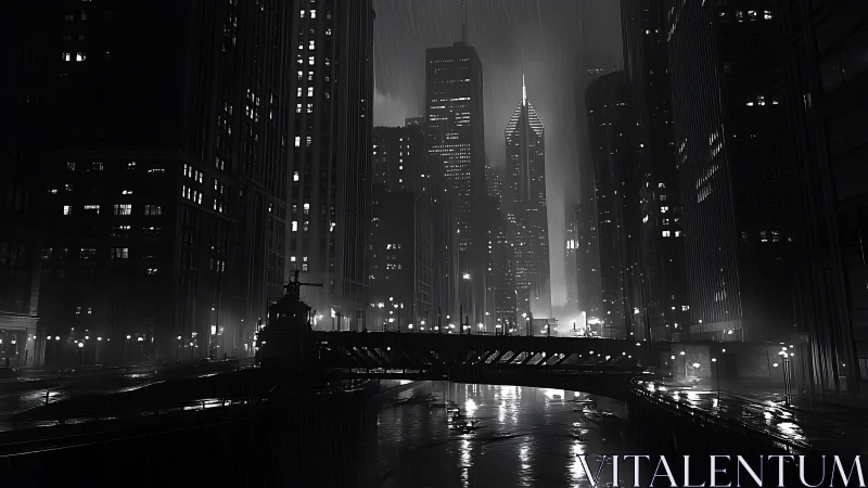 Rain-soaked midnight bridge under a neon-spiked skyline.