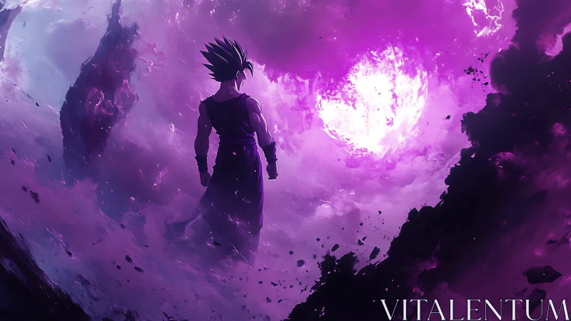 Solitary warrior observes volatile violet energy sphere