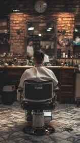 Man seated in vintage barber chair facing large wall mirror
