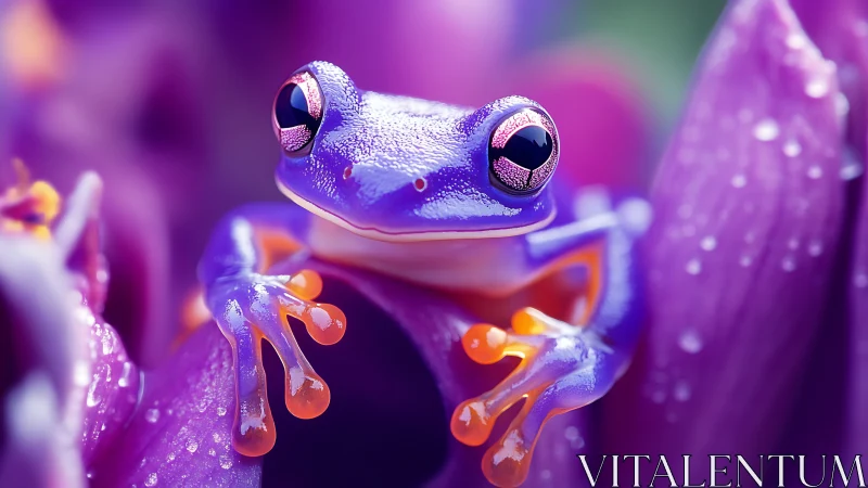 Curious purple frog nestles among glowing dewy petals