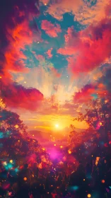 Sunset over valley with silhouetted crowd and dense color haze