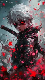 White haired swordsman stands amid red falling leaves