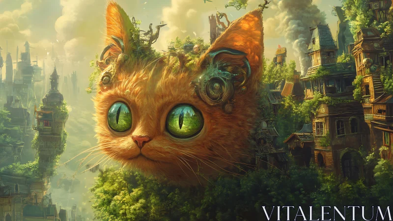 Colossal clockwork cat drifts gently above a mossy cityscape