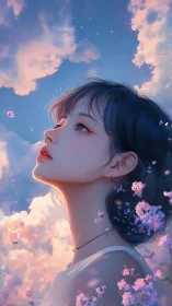 Dreamy anime girl gazes skyward amid glowing clouds.