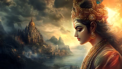 Divine profile above mythic riverside temple metropolis.