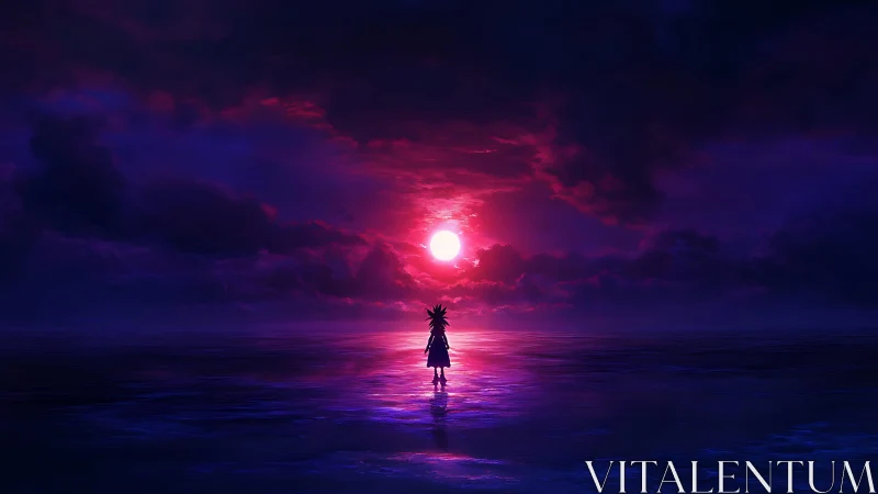 Silhouetted figure stands on reflective sea before red sun