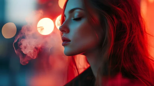 Woman exhales red-tinted vapor under blurred neon bokeh lights