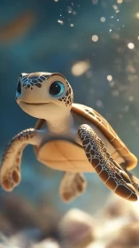 Digital painting of stylized baby sea turtle in soft bokeh seascape.