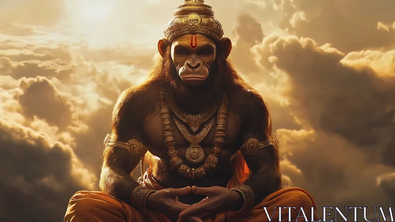 Mythic humanoid monkey figure sits amid backlit clouds