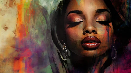Digital portrait of woman with closed eyes and vivid colors.