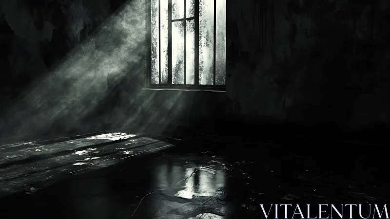 Light piercing barred window in desolate dark interior.