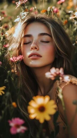 Sunlit shallow‑focus portrait in dense wildflower foreground.