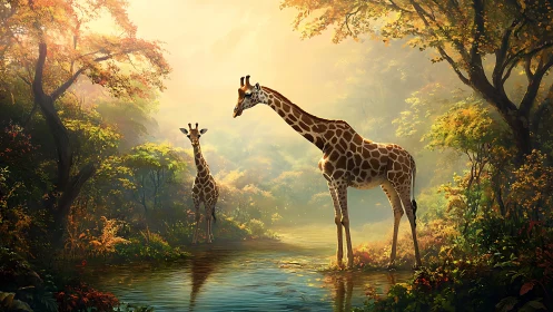 Giraffes in luminous forest clearing beside reflective stream.